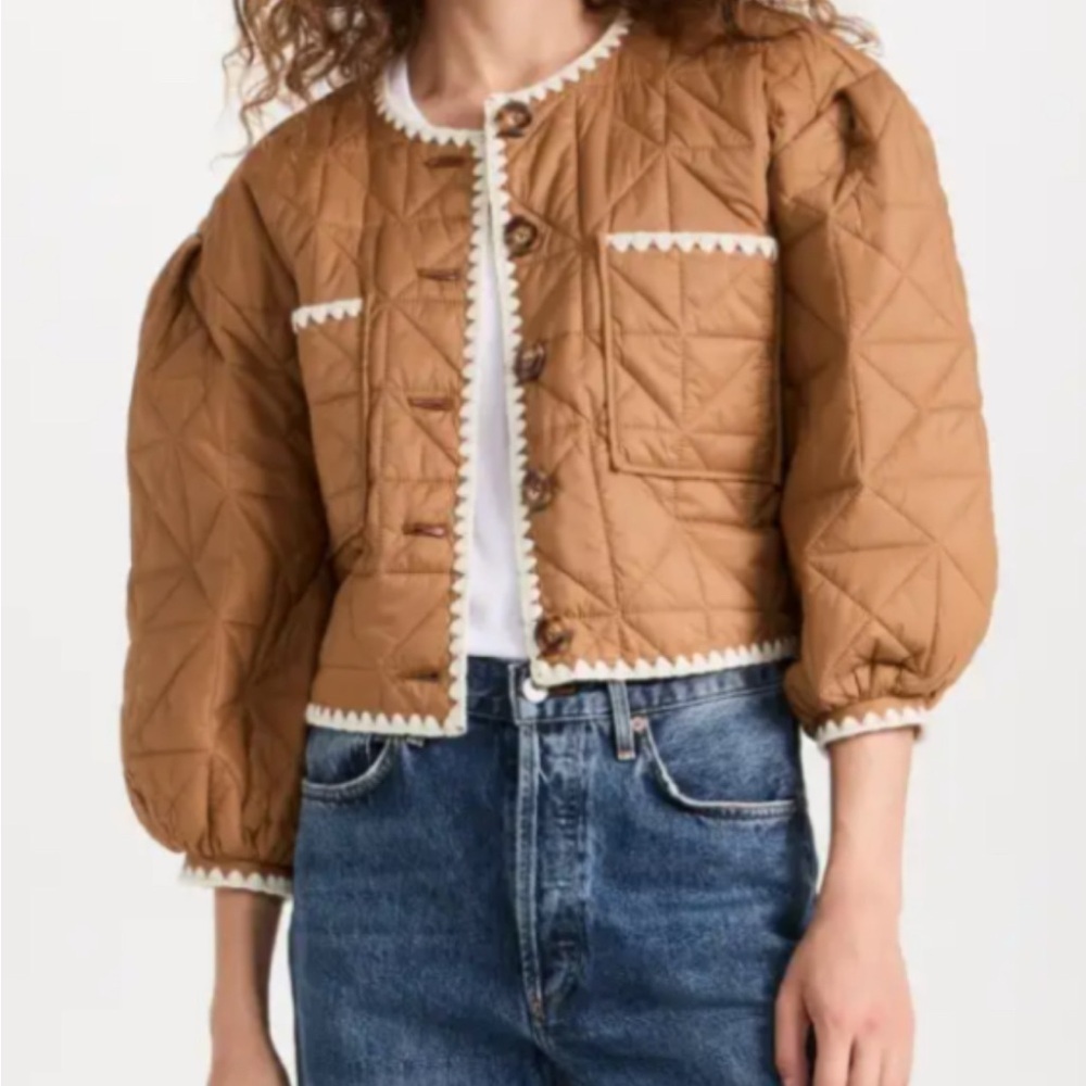 Tuckernuck Camel Quilted Puff Sleeve Cropped Jacket with Cream Trim